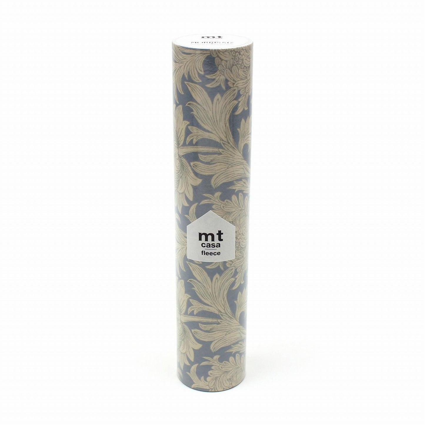 A tall, cylindrical object with a floral pattern on it, featuring a label with text.