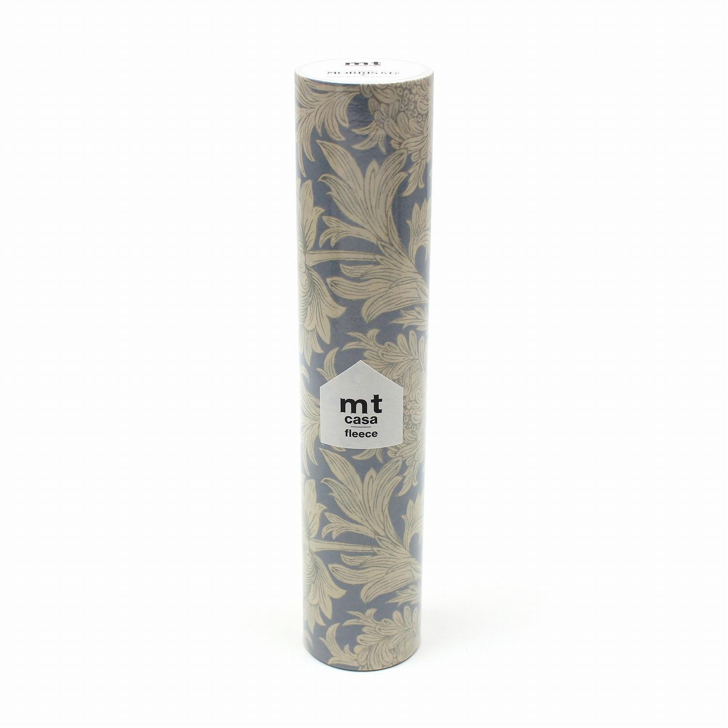 A tall, cylindrical object with a floral pattern on it, featuring a label with text.