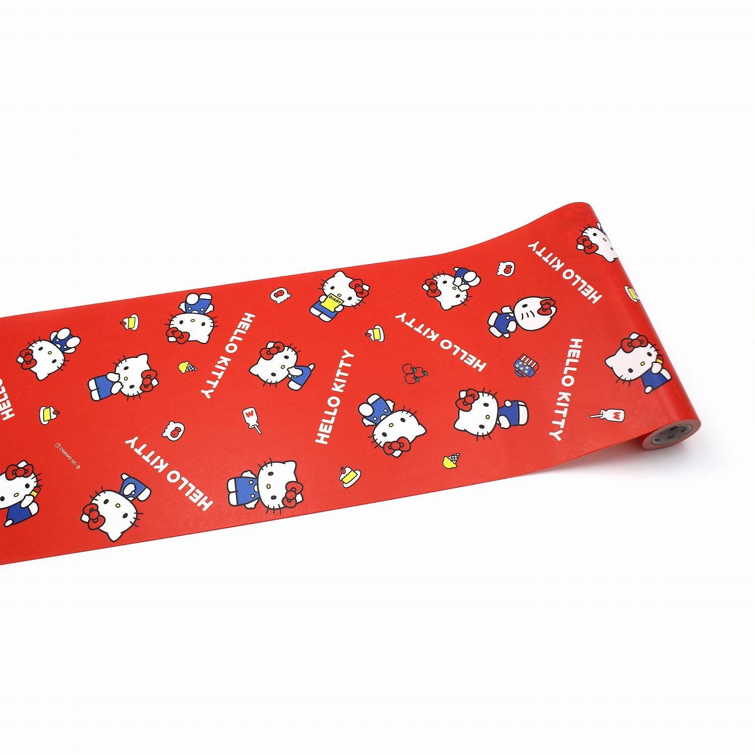 a red roll of paper with a repeating pattern of Hello Kitty characters on it.