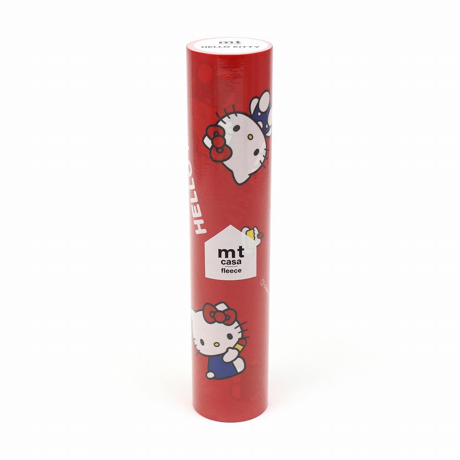 A red cylindrical object with a cartoon image of a Hello Kitty character on it.