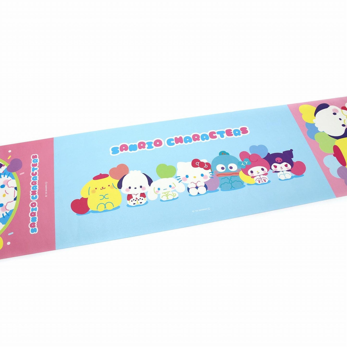 A colorful and vibrant image featuring a group of cartoon characters, including Hello Kitty, against a blue background.