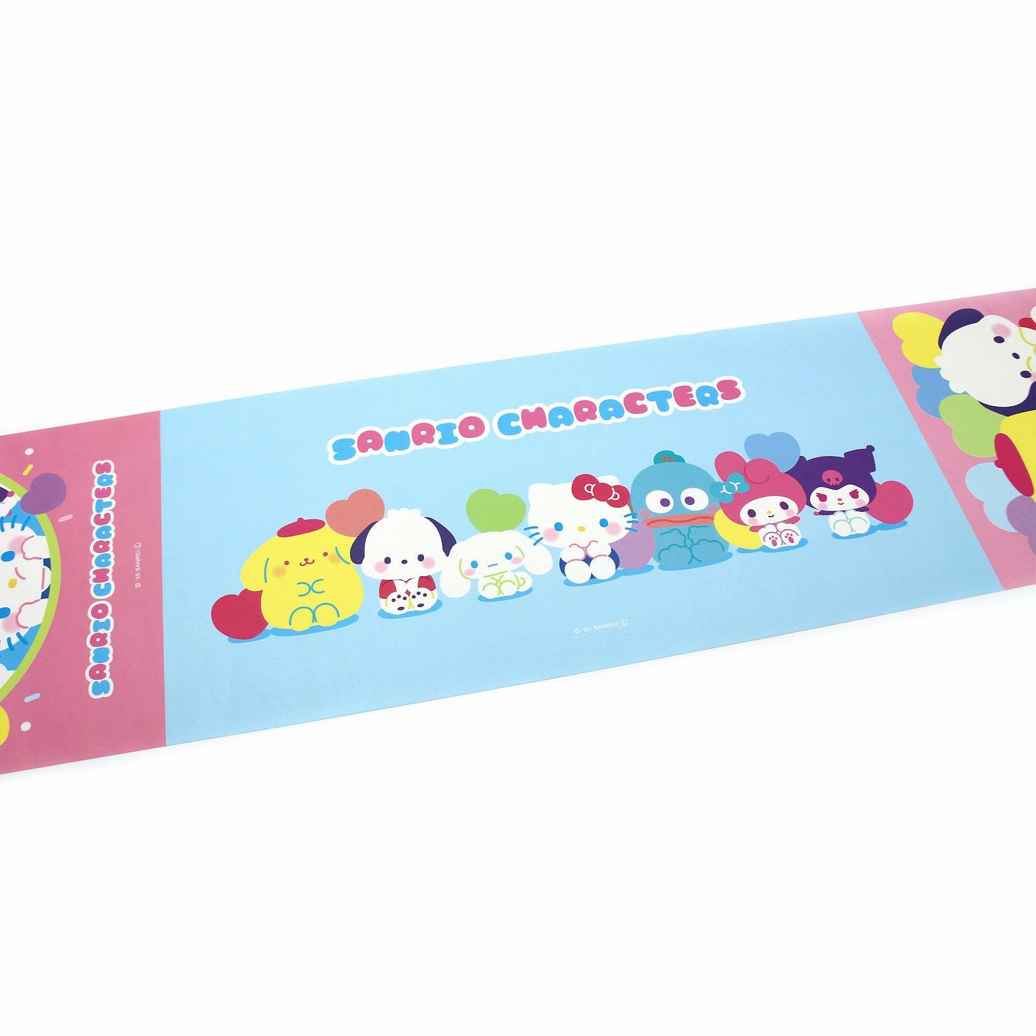 A colorful and vibrant image featuring a group of cartoon characters, including Hello Kitty, against a blue background.