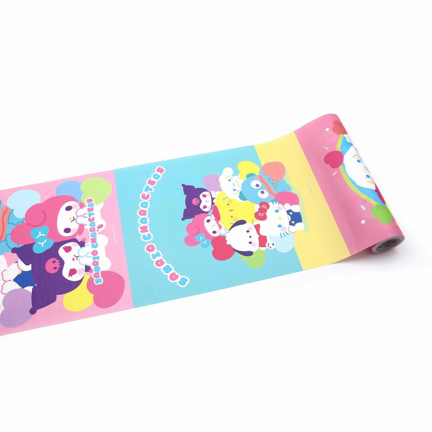 A roll of paper with a colorful, cartoon-style design featuring various characters and patterns.