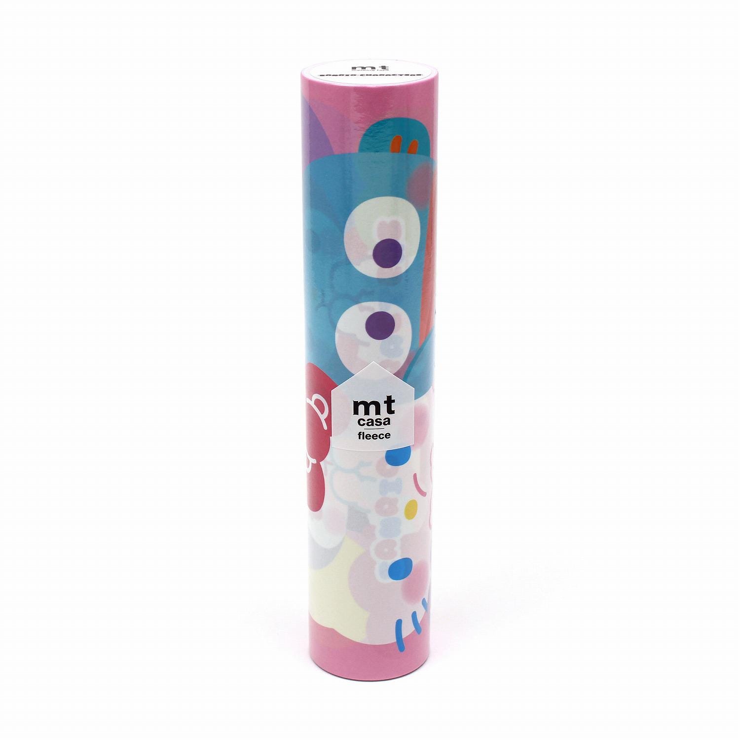 A cylindrical container with a colorful, abstract design on it.