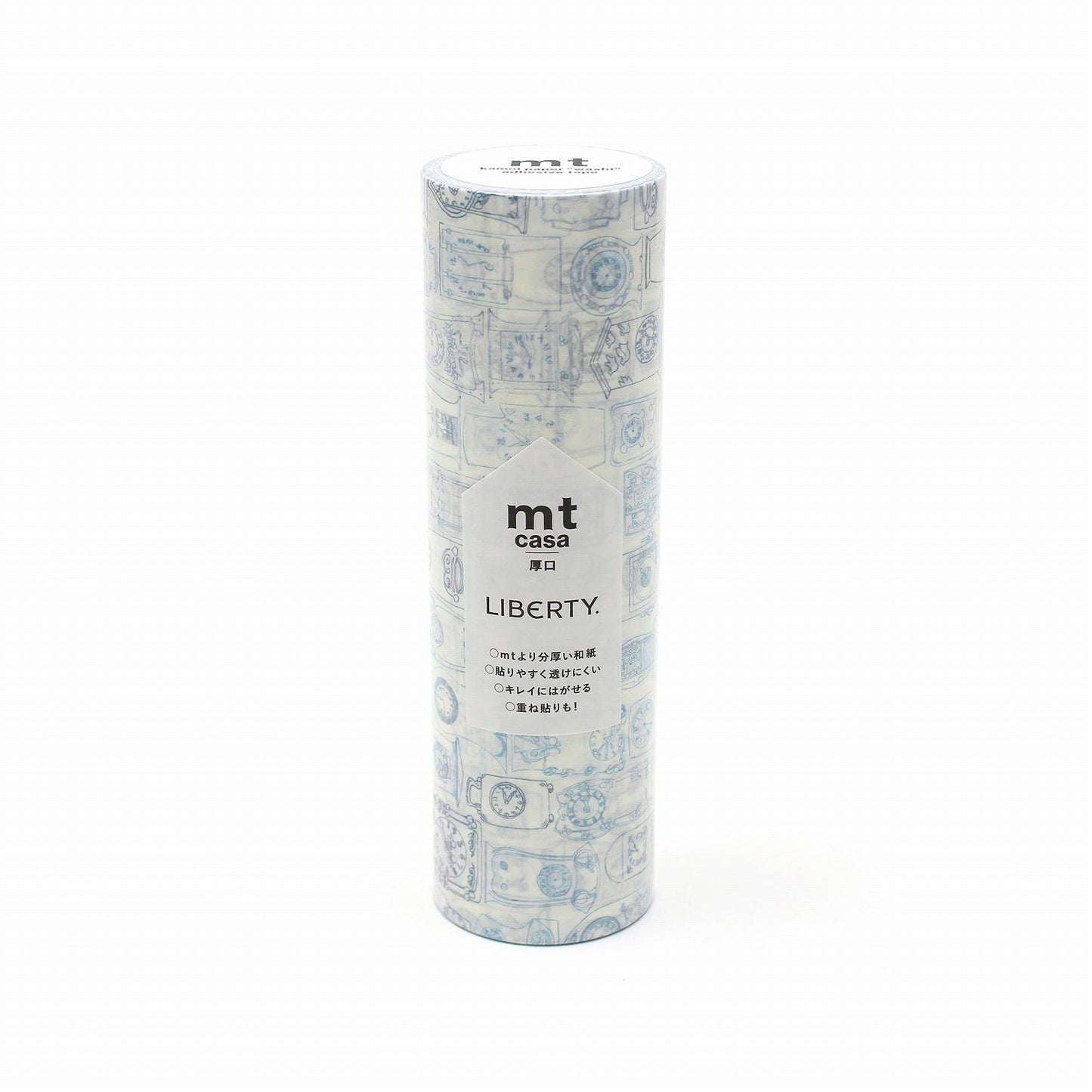 A cylindrical container with a patterned design on it, featuring the text "mt Cassa Liberty" and Japanese text.