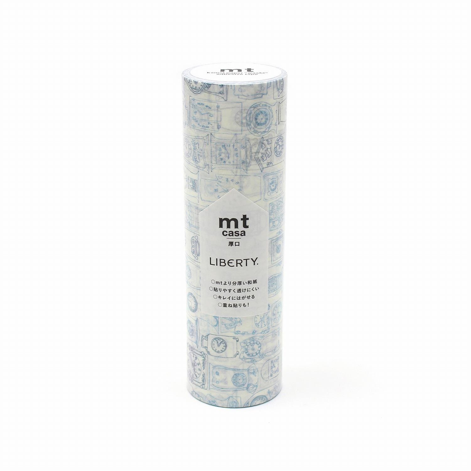 A cylindrical container with a patterned design on it, featuring the text "mt Cassa Liberty" and Japanese text.