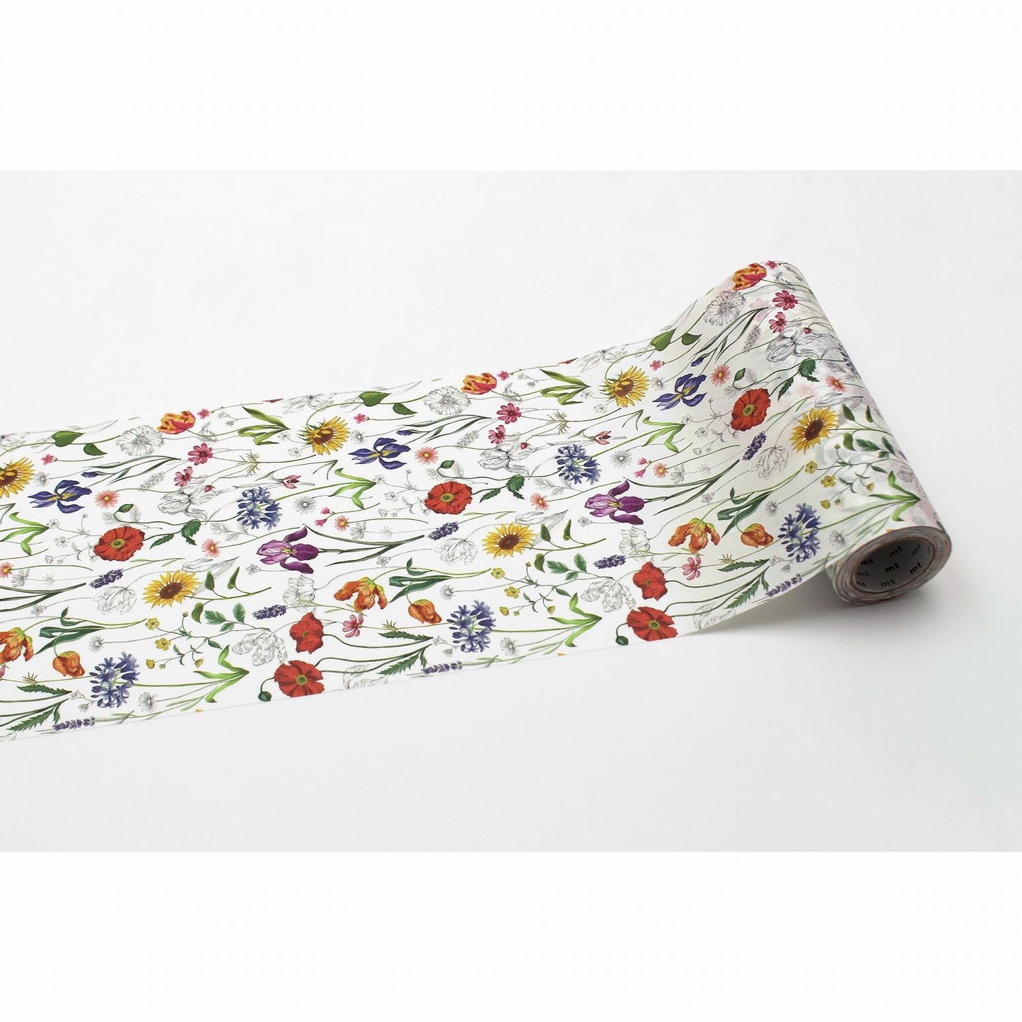 A roll of paper with a floral pattern on it, featuring various colorful flowers and leaves.