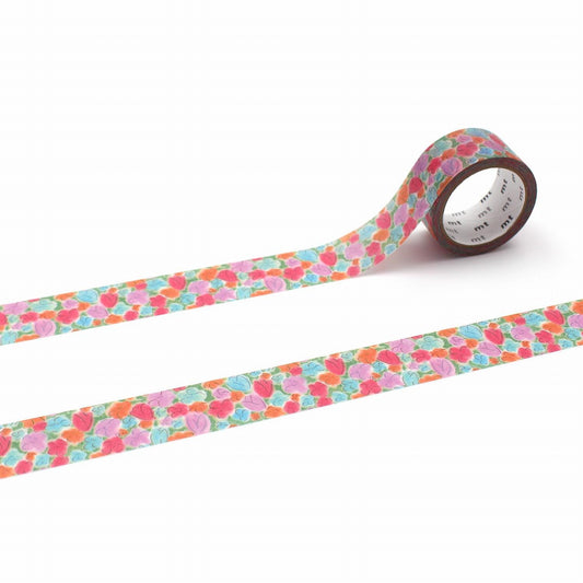 a roll of colorful patterned tape with a floral design, lying on a white surface.