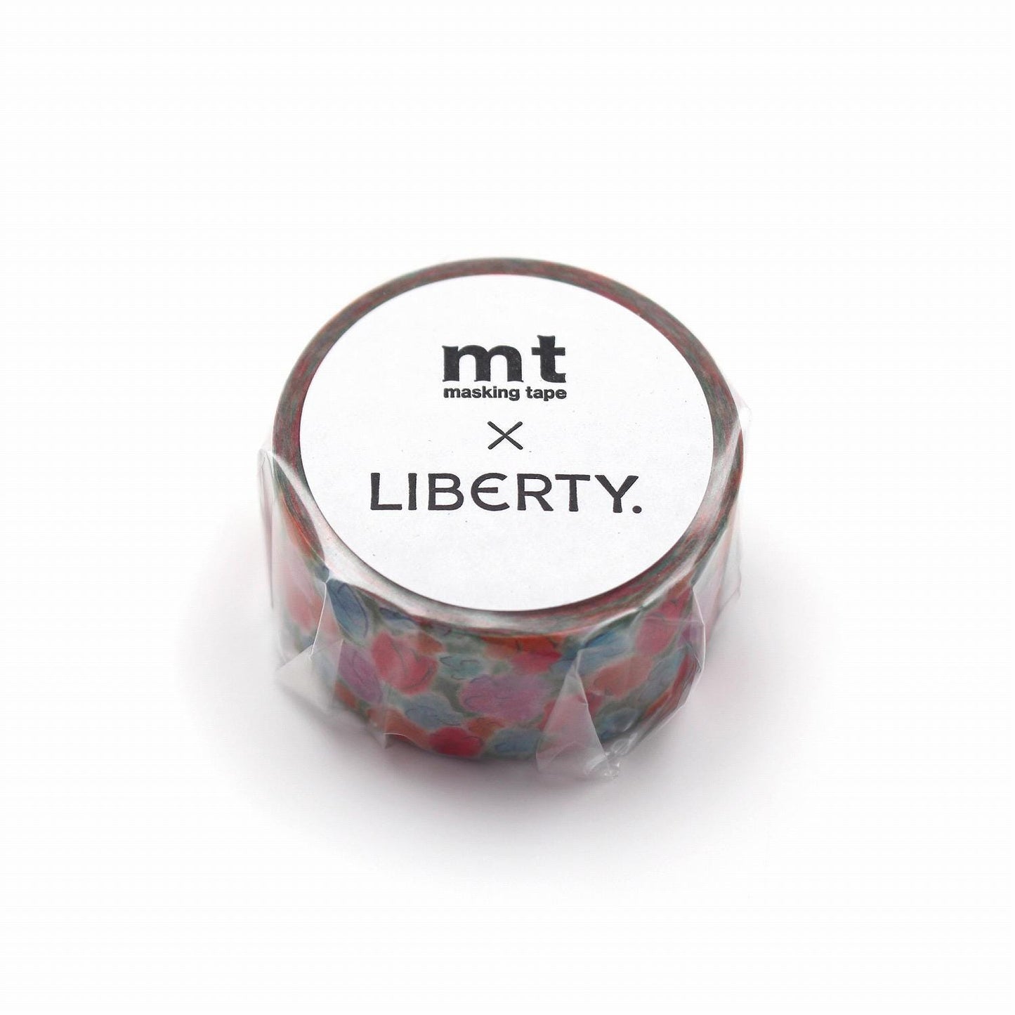 A round, white, and colorful masking tape roll with the text "mt masking tape LIBERTY" printed on it.