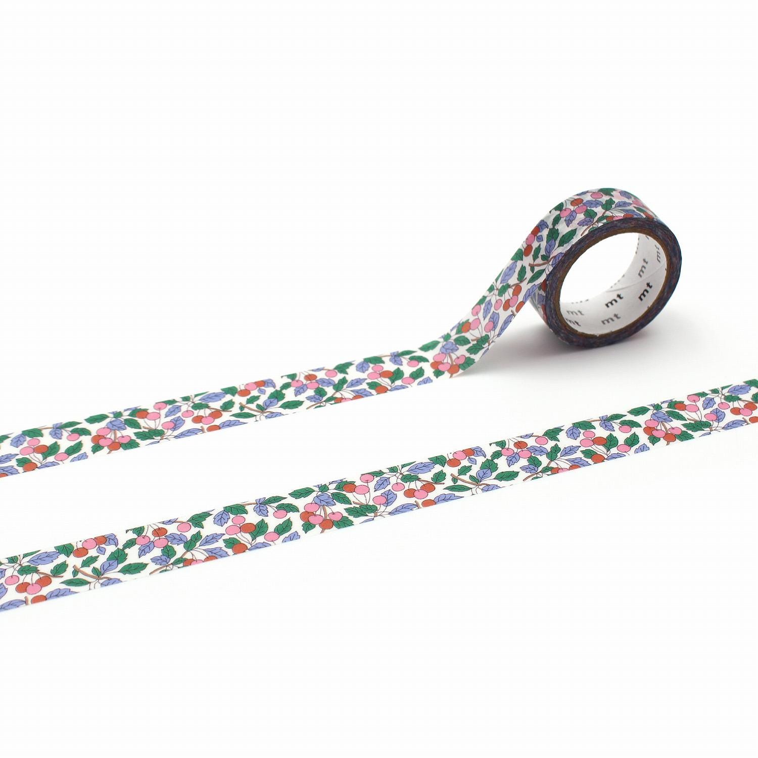 a roll of patterned tape with a floral design, lying on a white surface.