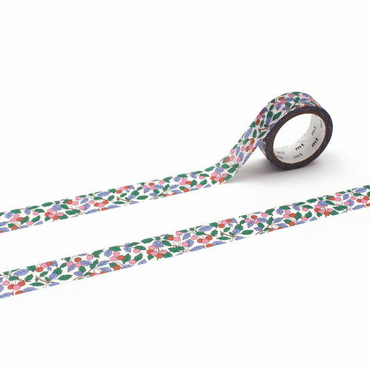 a roll of patterned tape with a floral design, lying on a white surface.