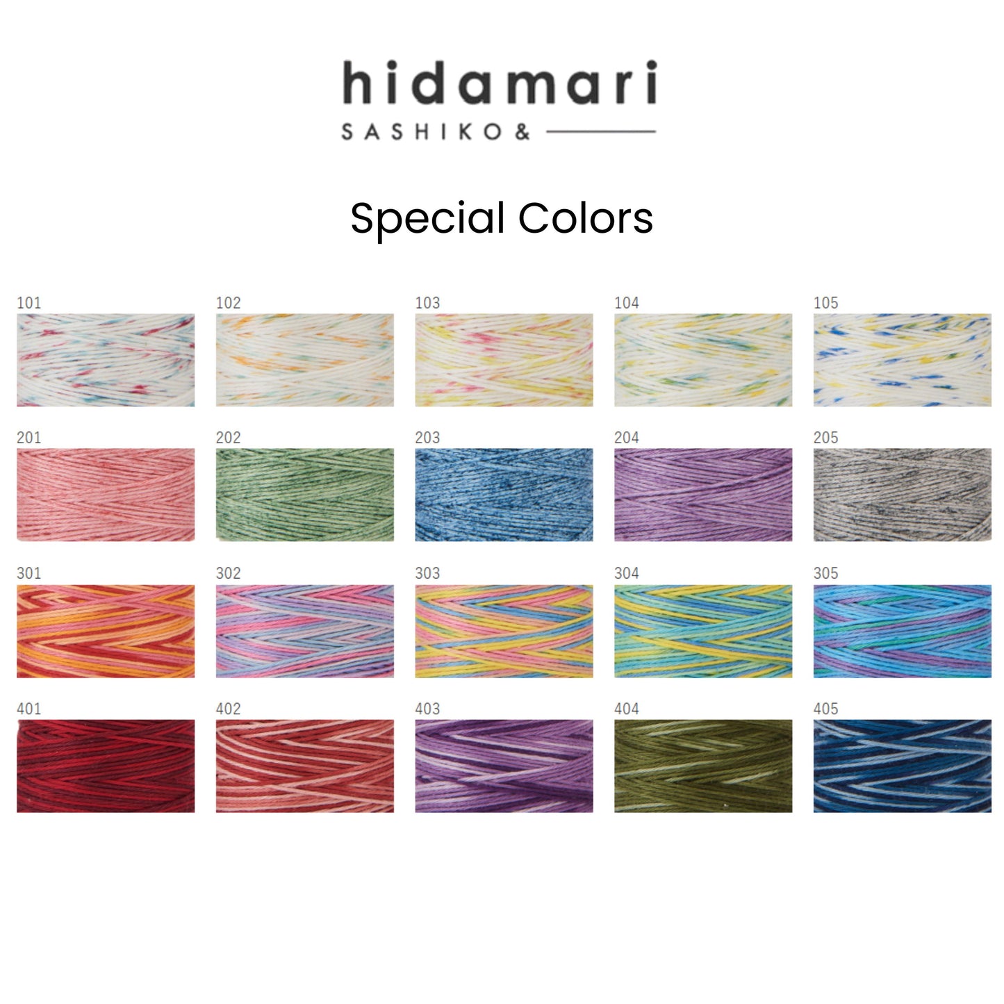 a collection of colorful spools of thread or yarn, each with a unique pattern and color. The text "hideamari SASHIKO &" is visible, indicating the brand or company associated with the product. The image is a collage of multiple images, and the text is concise and avoids redundancy, focusing on the main visual elements.
