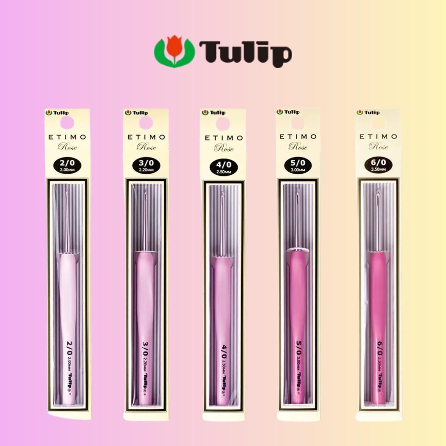 five packages of tulip crochet hooks, each with a different color and size.