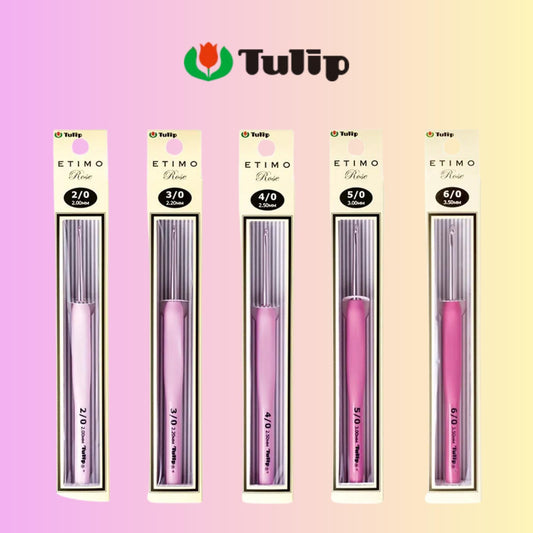 five packages of tulip crochet hooks, each with a different color and size.