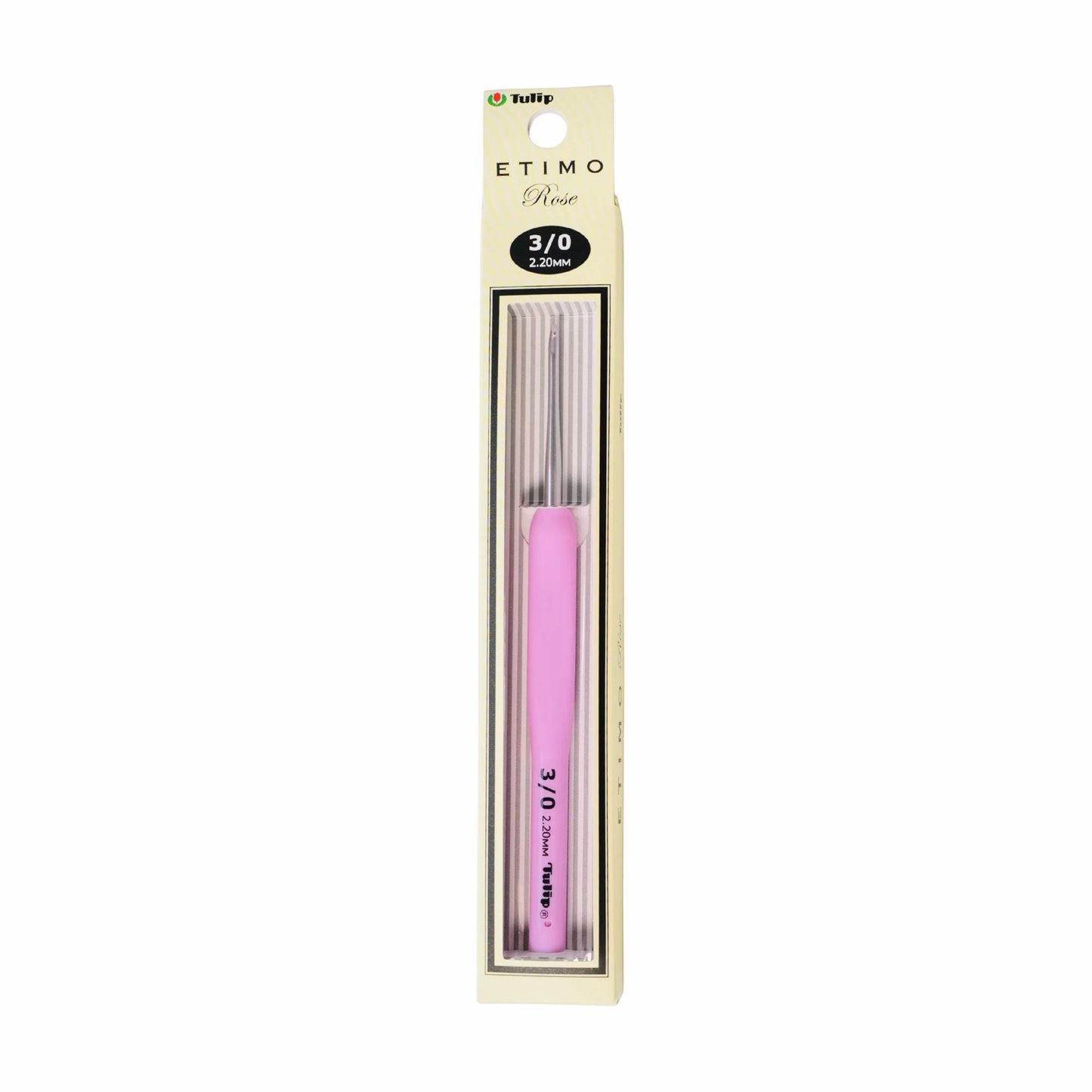 A pink crochet hook in its packaging, labeled as a 3/0 hook.