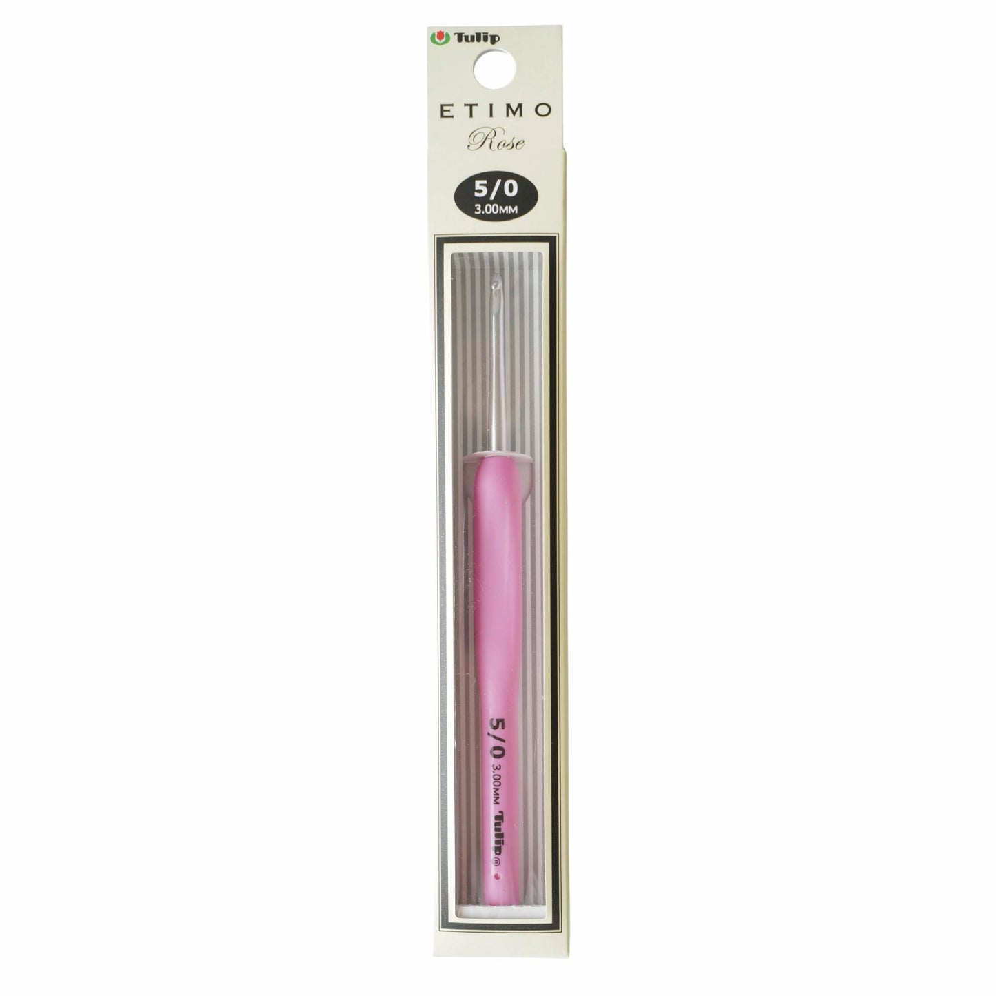 A pink crochet hook is shown in its packaging, which is labeled as a 5/0 crochet hook.