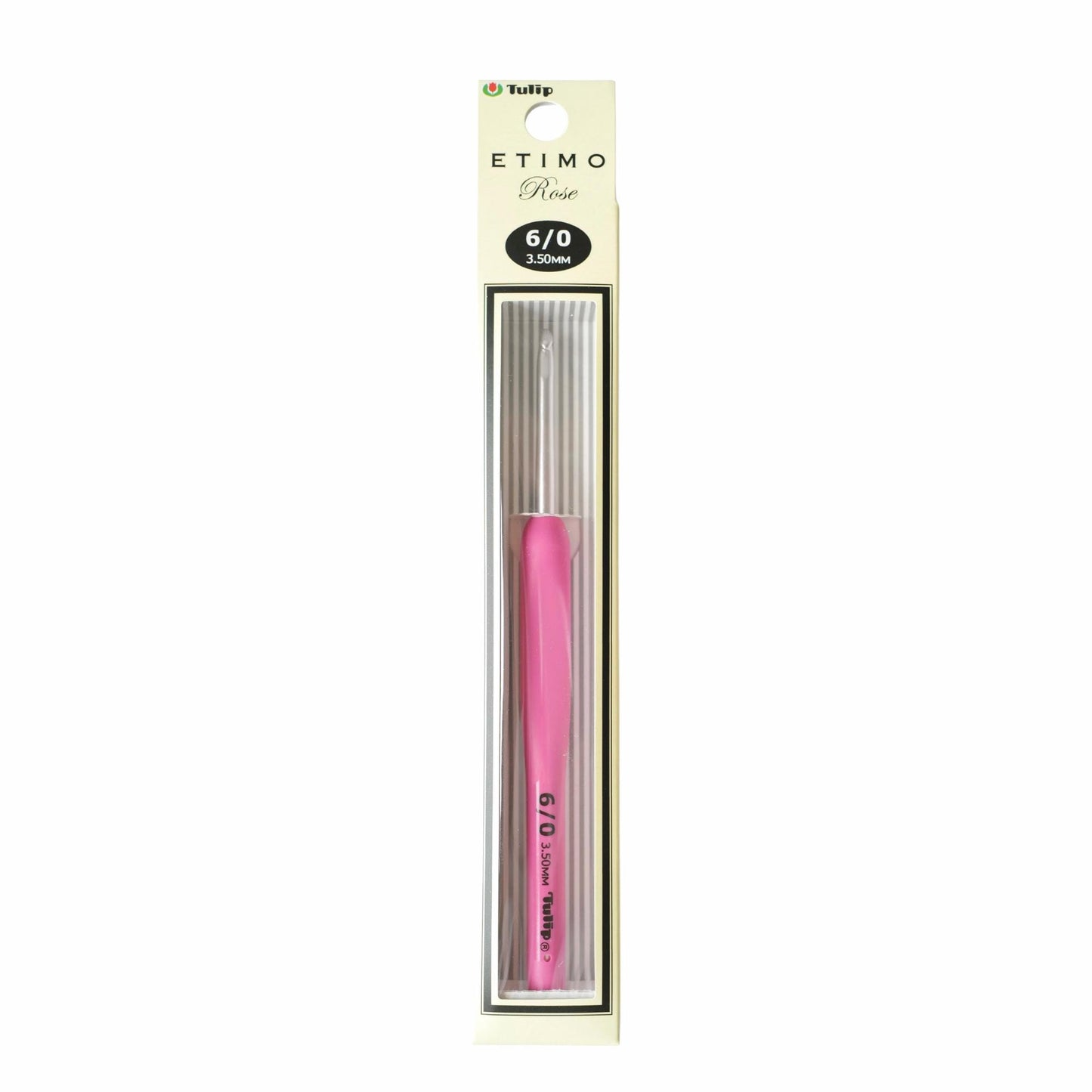 A pink crochet hook is shown in its packaging, which is labeled as a "Tulip 6/0" crochet hook.