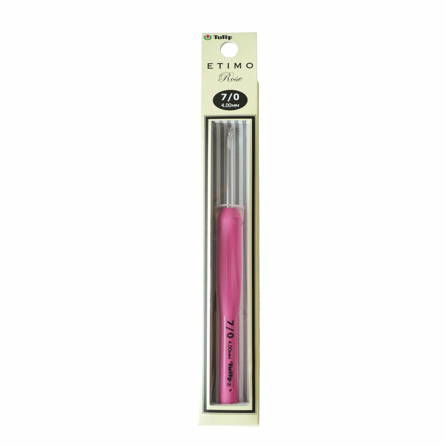 A pink crochet hook with a silver handle, packaged in a white cardboard box with a black border.