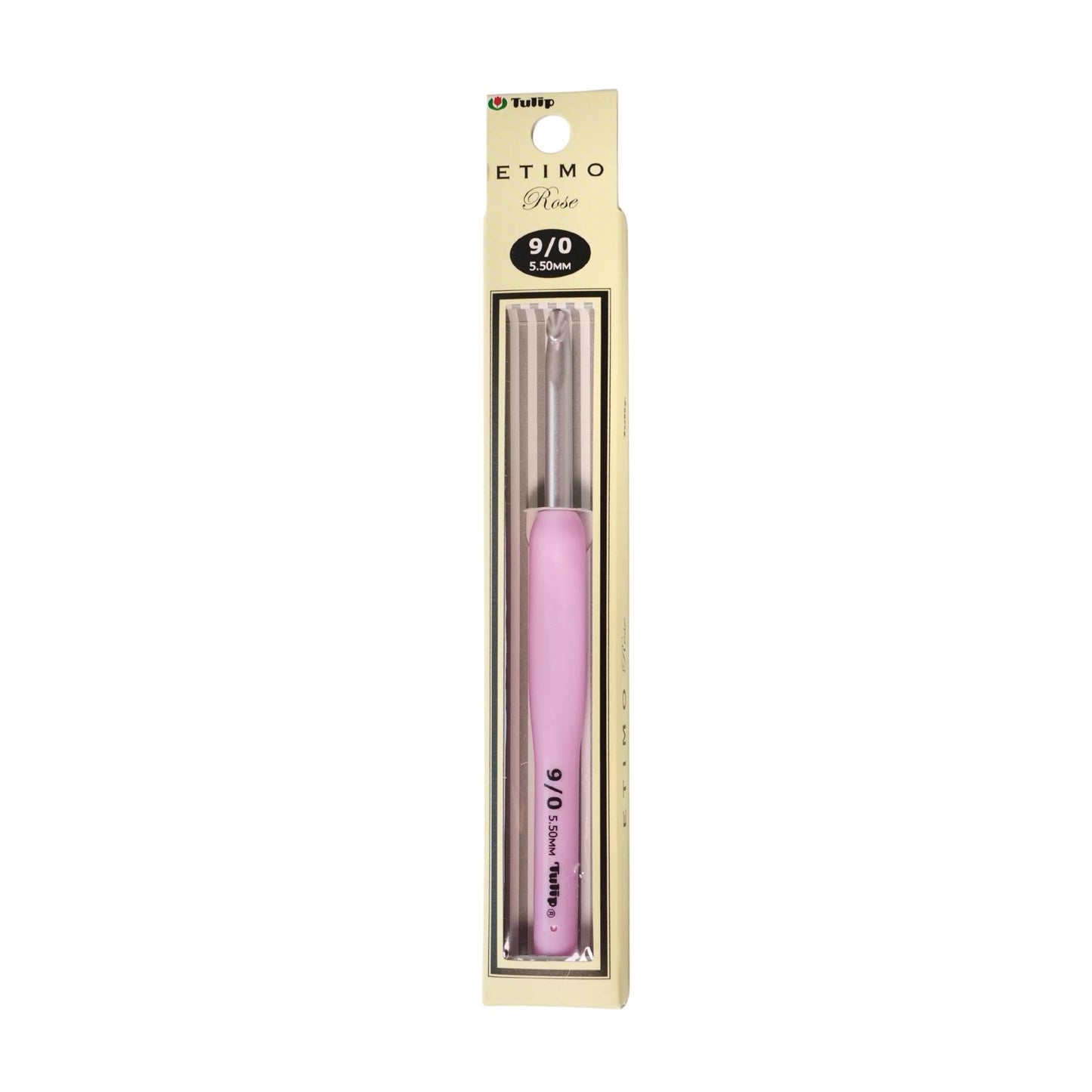 A pink crochet hook is shown in its packaging, which is a yellow cardboard box with a clear plastic window.