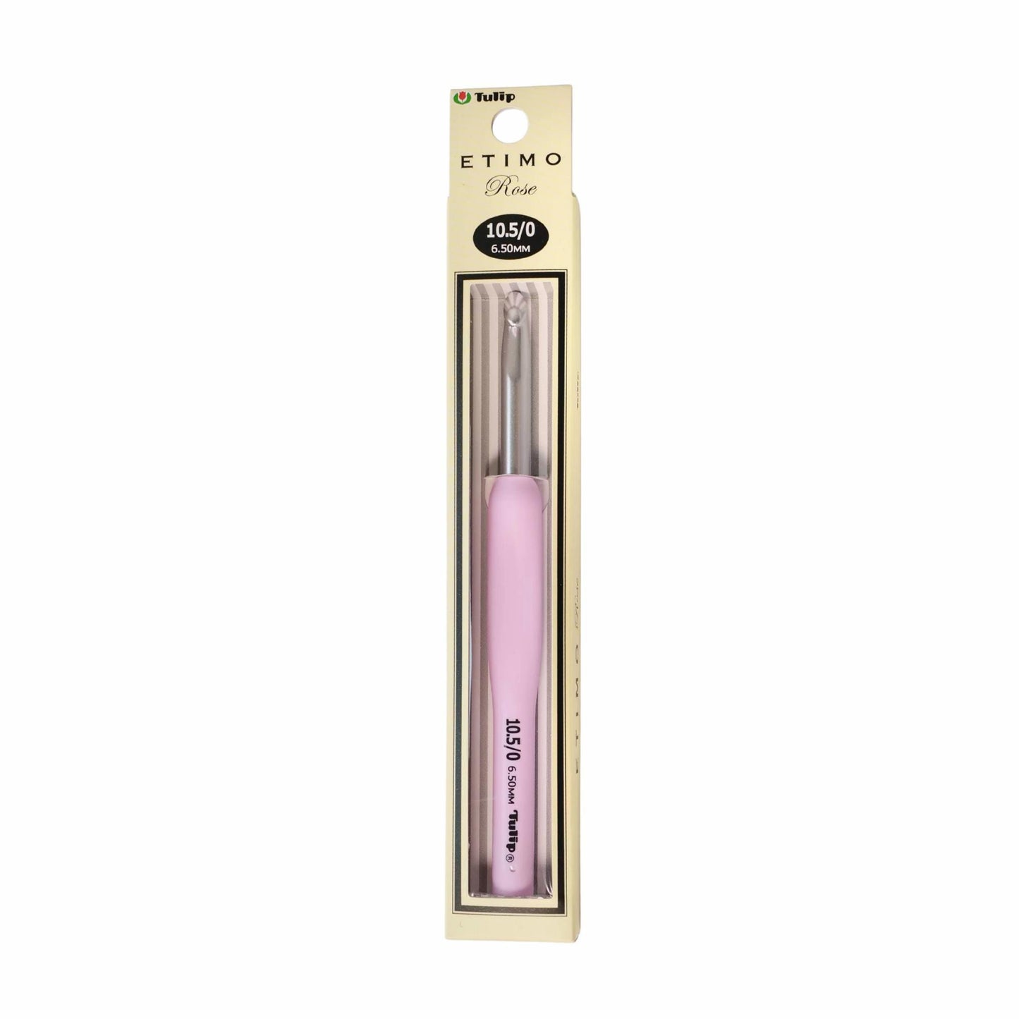A pink crochet hook is shown in its packaging, which is a cardboard box with a clear plastic window.