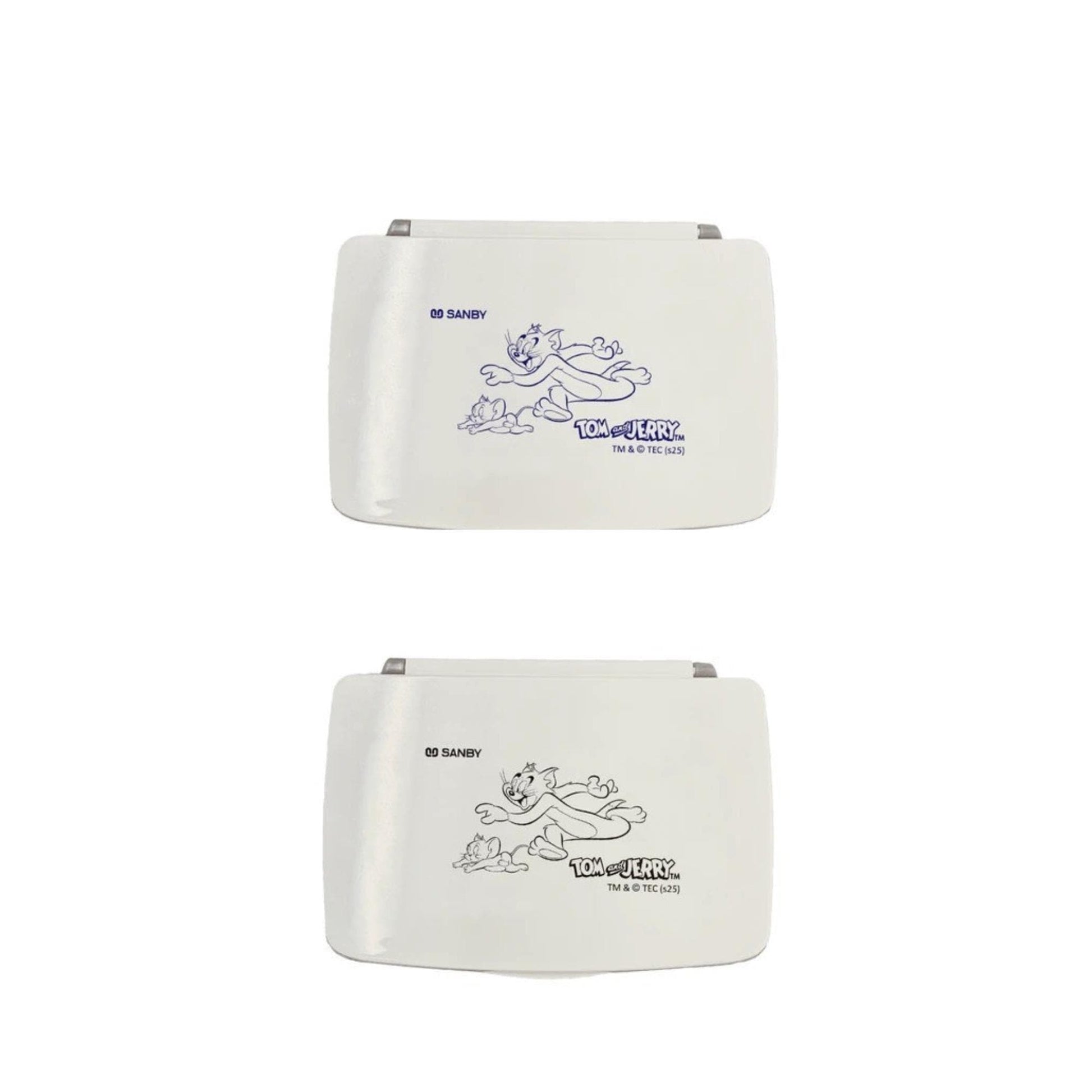 two identical white rectangular objects with blue text and cartoon-style illustrations on them.