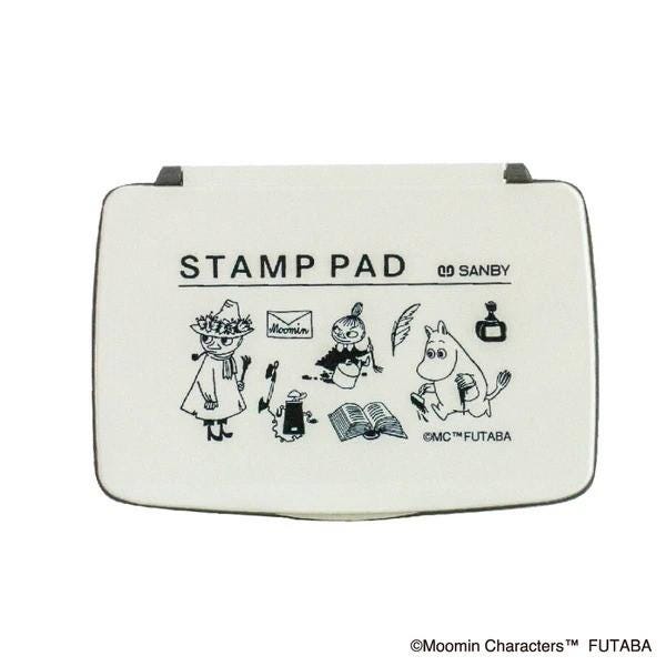 The image is a stamp pad featuring various cartoon characters, including Moomin characters, and it is white in color.