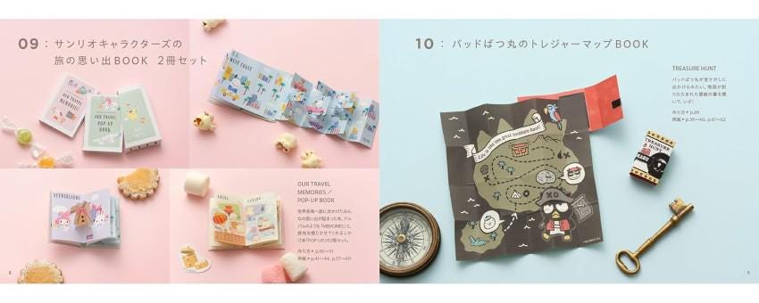 The image is a collage of various items, including books, snacks, a map, and a key, arranged on a pink background.