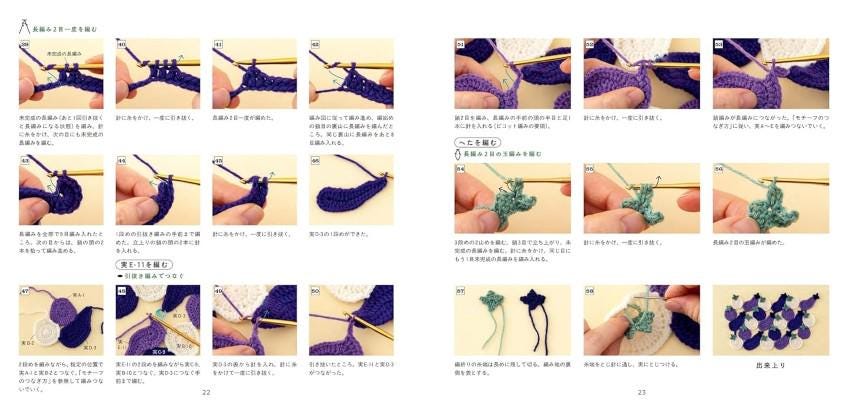 The image is a detailed guide or tutorial on crocheting, featuring various stages of the process with images of hands and yarn. The guide provides step-by-step instructions and visual demonstrations for creating intricate patterns and designs using crochet hooks and yarn.