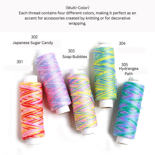 five spools of thread in various colors, each containing four different colors, arranged on a white background.