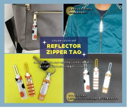 The image is a collage of four photos featuring a reflective zipper tag with cat designs, a gray backpack, a person wearing a blue jacket, and a yellow surface with cat-shaped keychains.