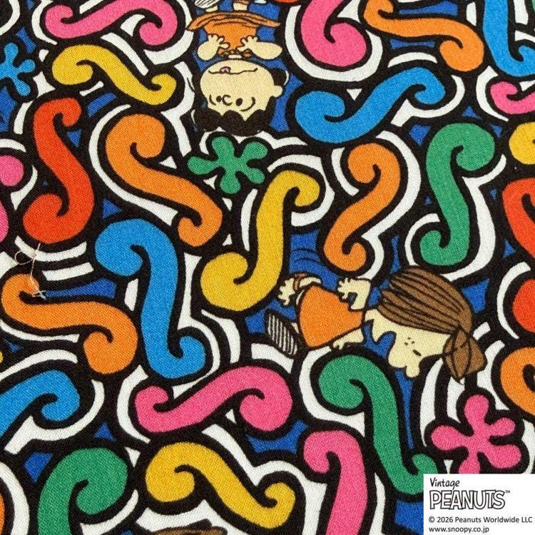 The image is a vibrant and colorful pattern featuring various cartoon characters and designs, including Peanuts characters, flowers, and swirls in different colors such as pink, blue, green, and orange.