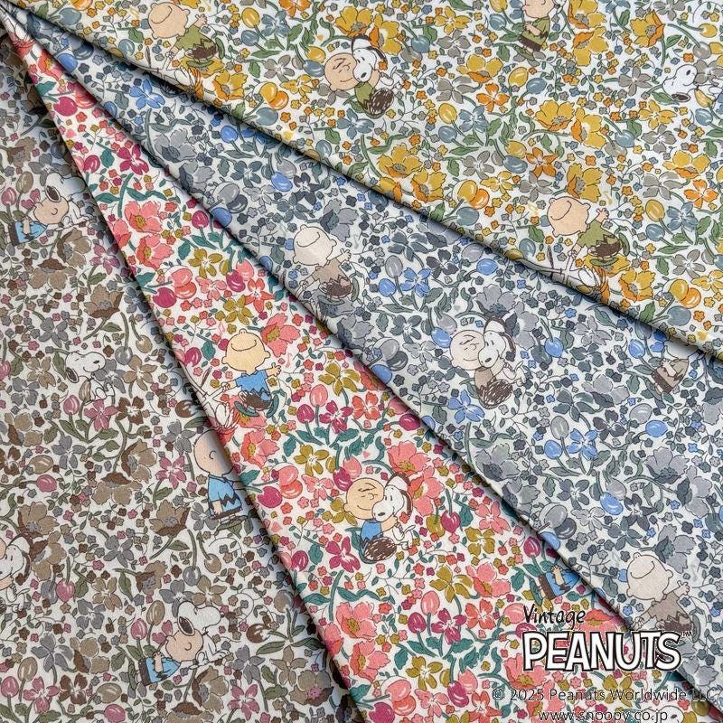 The image is a collage of fabric swatches with various floral and cartoon-style patterns, including the character Peanuts from the Peanuts comic strip.