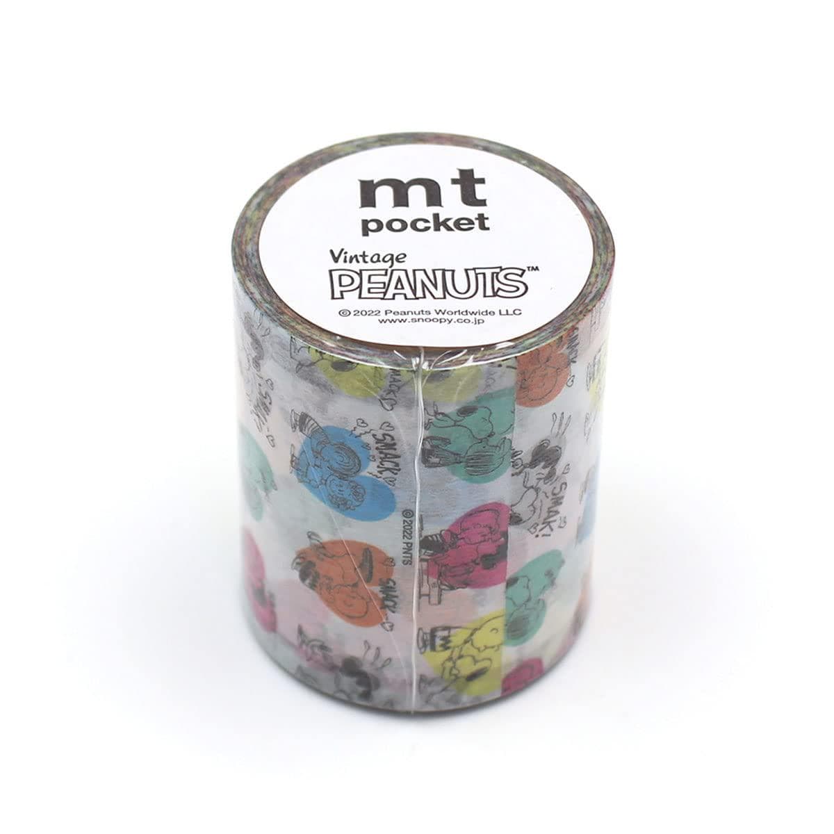 A cylindrical container with a label that reads "mt pocket Vintage Peanuts" and features a colorful Peanuts-themed design.