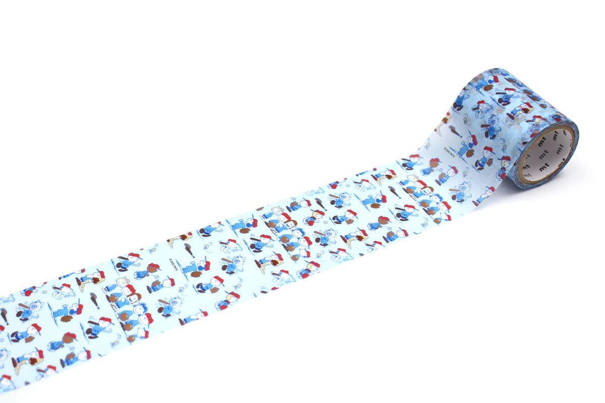 A roll of blue and white patterned tape with a repeating design of cartoon-style people.