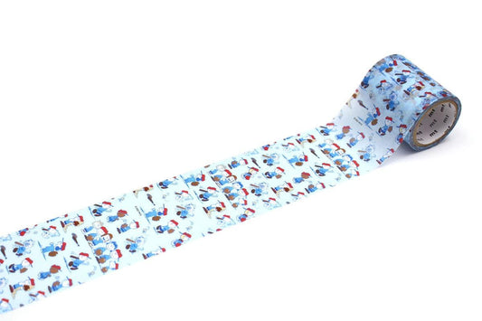 A roll of blue and white patterned tape with a repeating design of cartoon-style people.