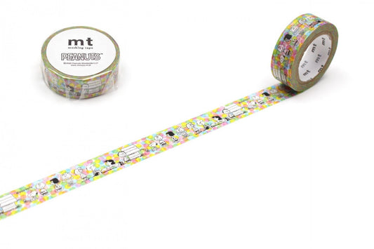 a roll of Peanuts themed tape and a roll of regular tape, both with colorful patterns.