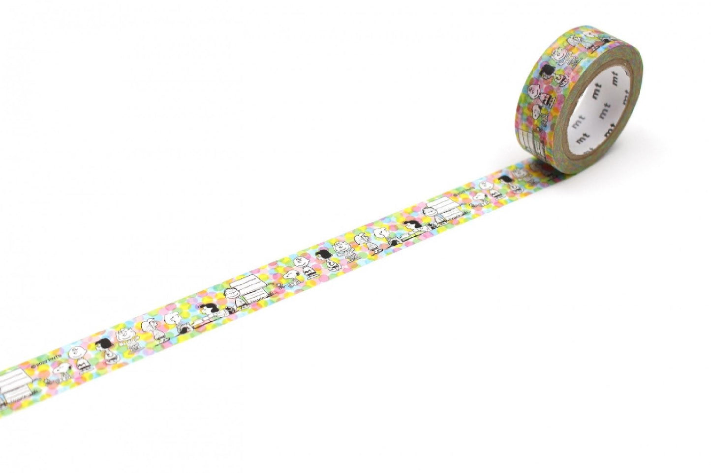 A roll of colorful Peanuts-themed washi tape is placed on a white surface, with the tape extending across the image.