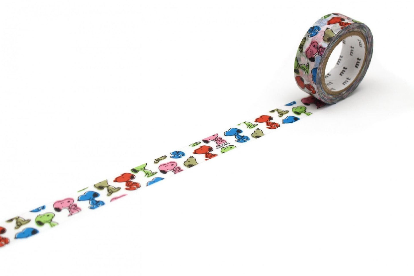 A roll of colorful patterned tape with various animal and character designs on it, lying on a white surface.