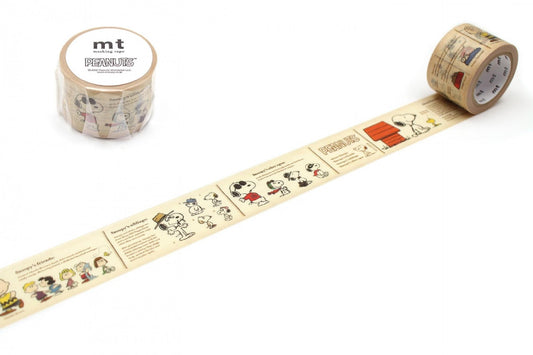 a roll of Peanuts-themed tape with various Peanuts characters and text, along with a roll of tape with a label that is not clearly visible.