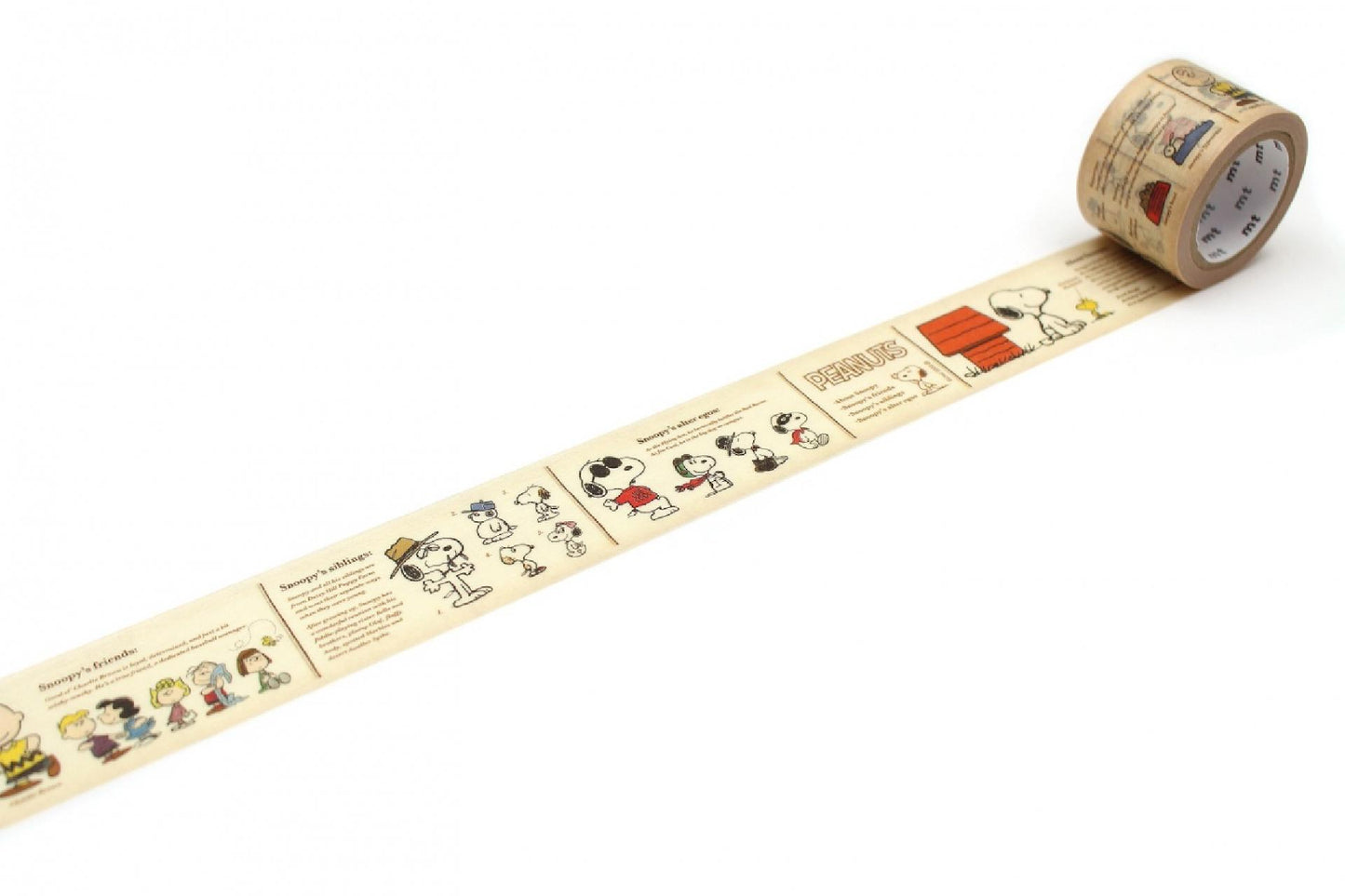 A roll of Peanuts-themed tape with various Peanuts characters and scenes printed on it.