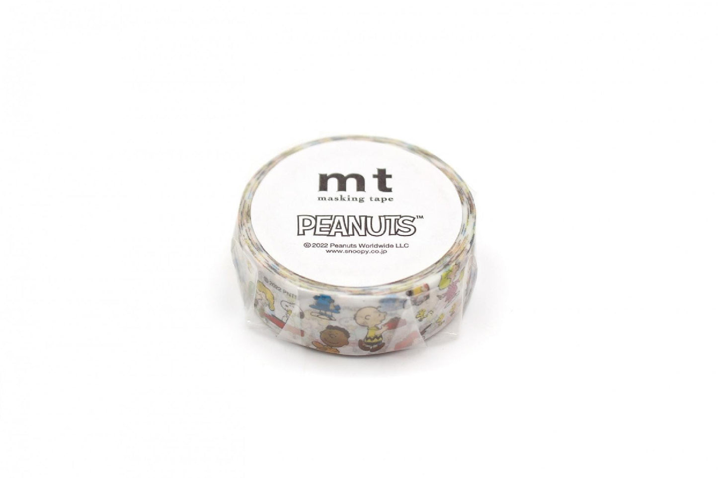 A roll of Peanuts themed masking tape against a white background.