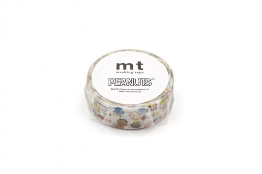 A roll of Peanuts themed masking tape against a white background.