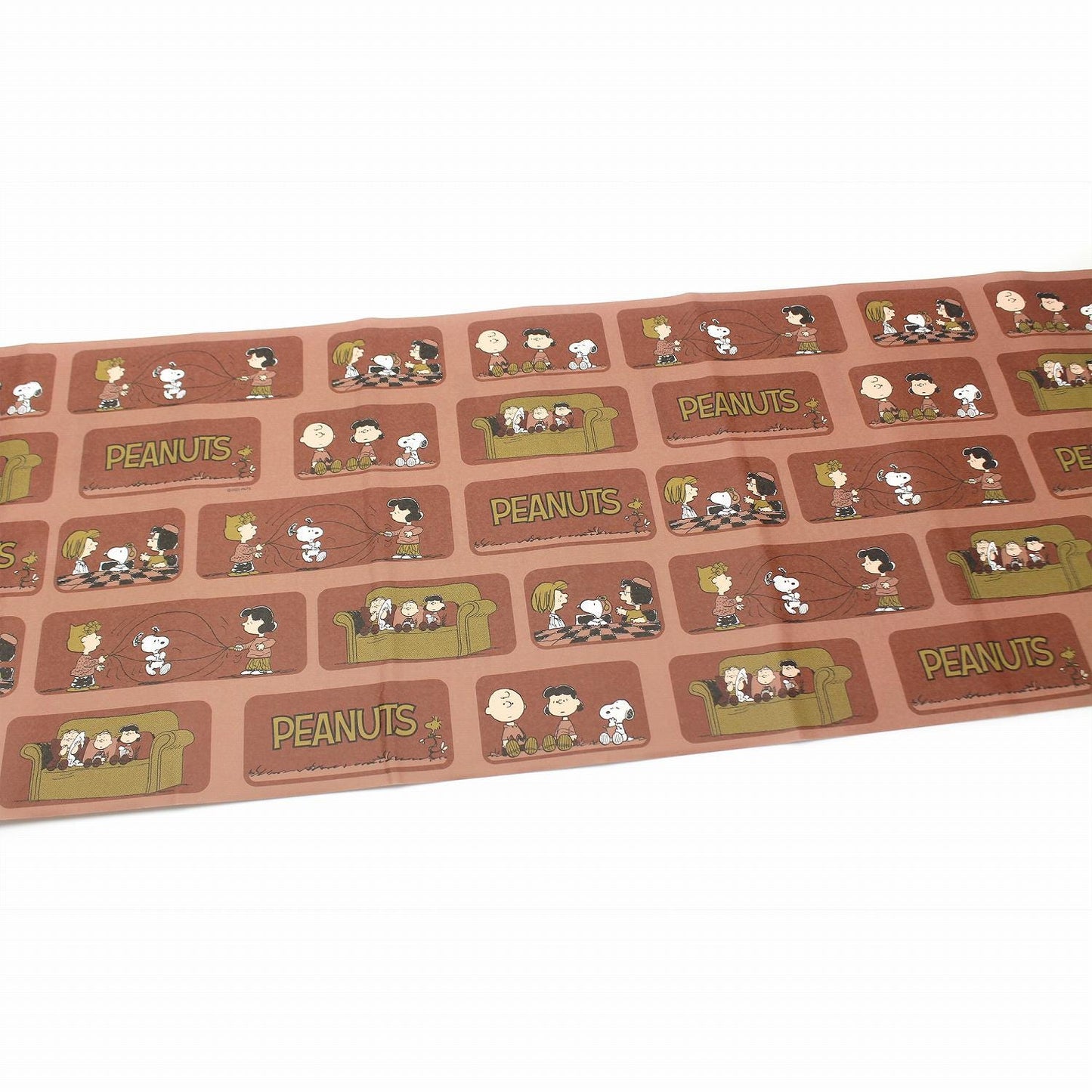 a repeating pattern of cartoon images of the Peanuts characters on a brown background.