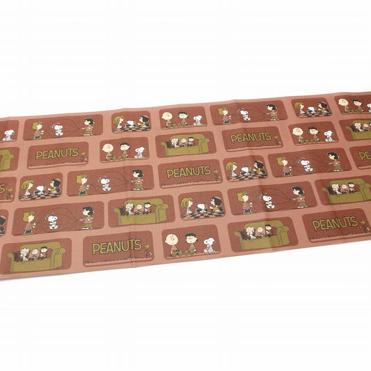 a repeating pattern of cartoon images of the Peanuts characters on a brown background.