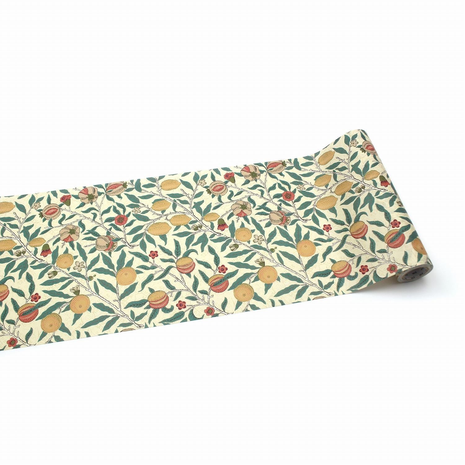 a roll of paper with a repeating pattern of green leaves and orange fruits, such as pomegranates, on a white background.