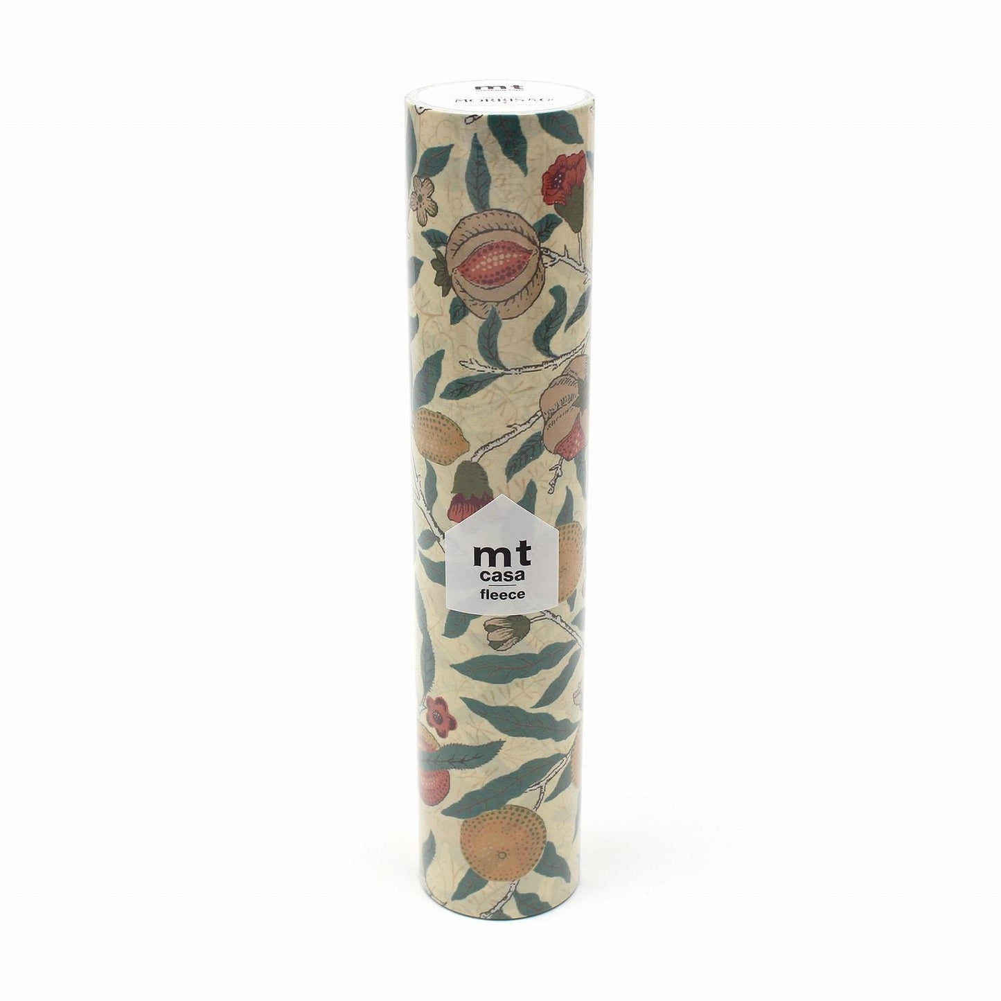 A cylindrical container with a floral pattern printed on it, featuring various fruits and leaves.