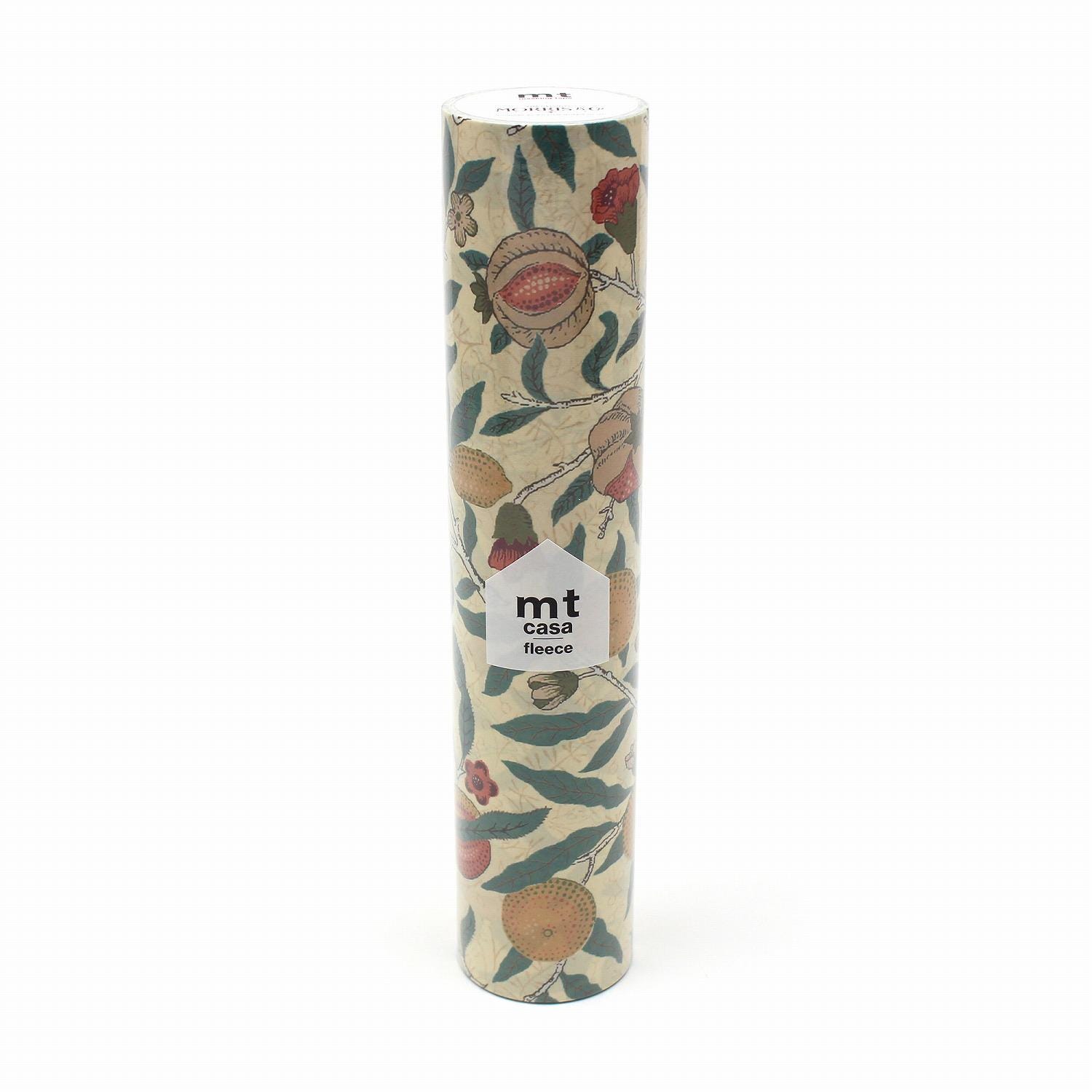 A cylindrical container with a floral pattern printed on it, featuring various fruits and leaves.