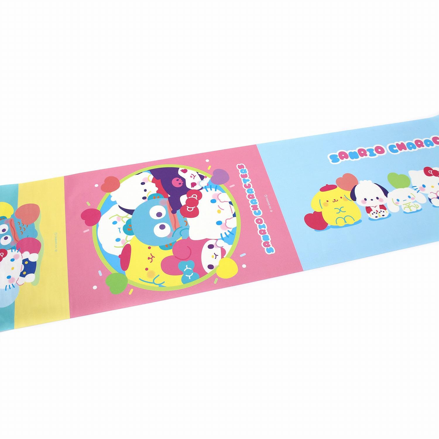 The image is a colorful and vibrant collage featuring various cartoon characters, including Hello Kitty, against a pink background.