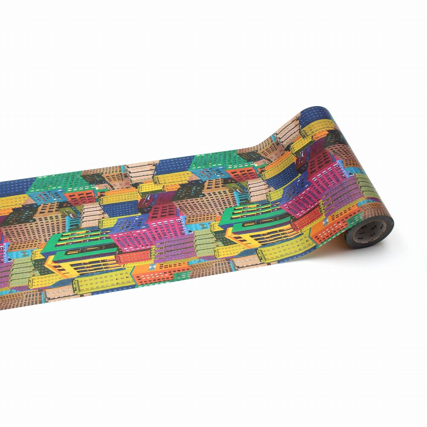 a roll of paper with a colorful, abstract pattern of buildings and geometric shapes.