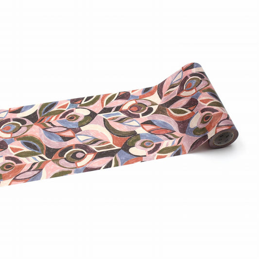 a roll of paper with a colorful abstract pattern of overlapping shapes and designs in various shades of pink, green, blue, and orange.